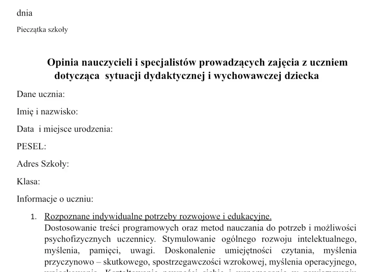 Fragment dokumentu z nagłówkiem "Opinia nauczycieli i specjalistów..." i polami do wypełnienia danych ucznia.
