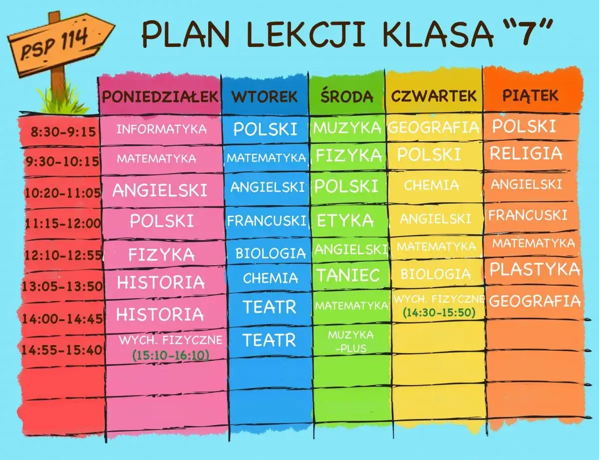 Plan lekcji klasy 7: informatyka, matematyka, angielski, polski, fizyka, historia, wychowanie fizyczne, muzyka, etyka, religia, francuski, chemia, biologia, taniec, plastyka, geografia.