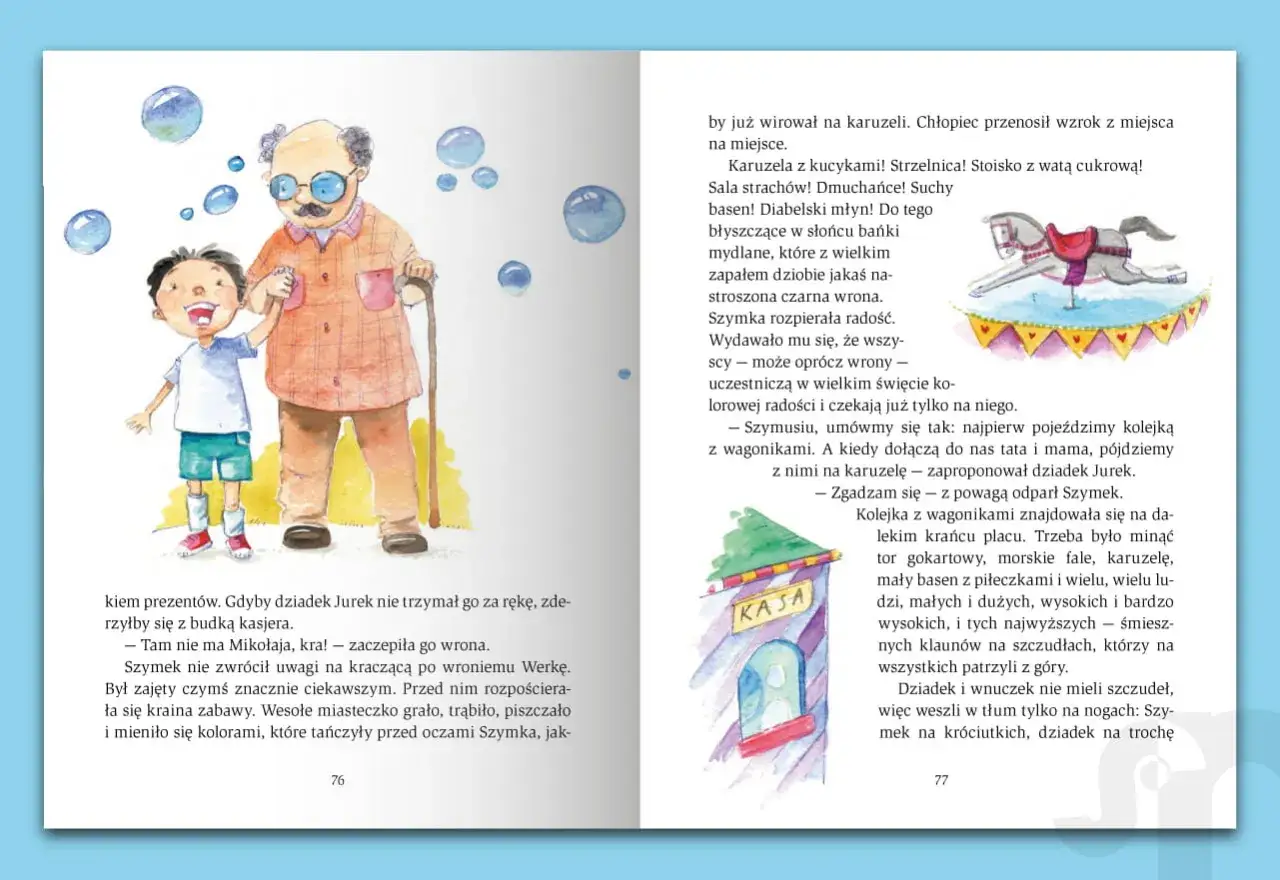 Dziadek Jurek i Szymek na wesołym miasteczku. Ilustracja do bajki terapeutycznej, pełnej kolorów i radości.