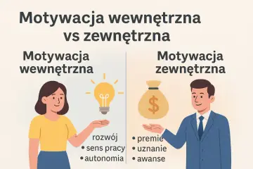 Kobieta z żarówką symbolizuje motywację wewnętrzną (rozwój, sens, autonomia), mężczyzna z sakiewką pieniędzy - motywację zewnętrzną (premie, uznanie, awanse).