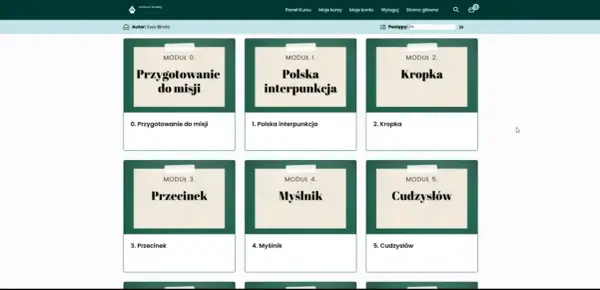 Moduły kursu o interpunkcji: przygotowanie, polska interpunkcja, kropka, przecinek, myślnik, cudzysłów.