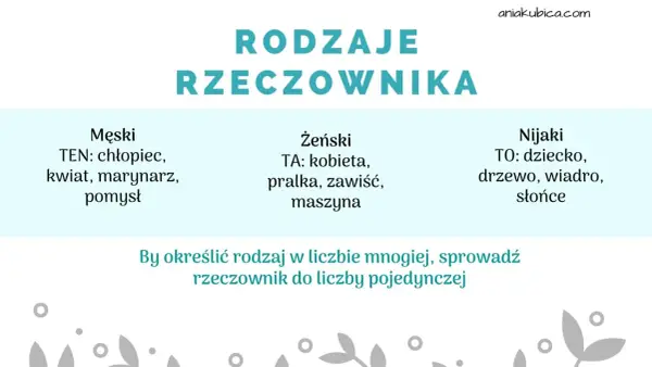 Rodzaje rzeczownika: męski (ten: chłopiec), żeński (ta: kobieta), nijaki (to: dziecko). Poznaj, co oznaczają rzeczowniki!