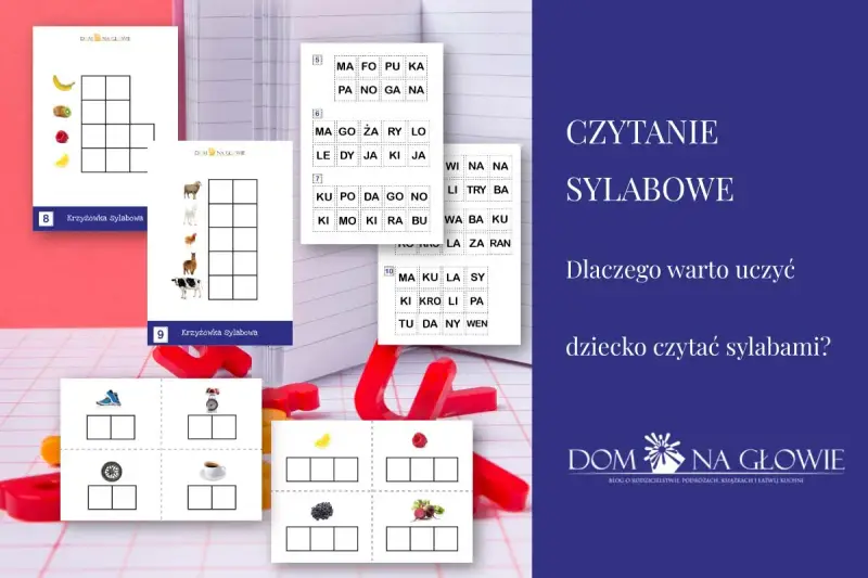 Karty pracy do nauki czytania sylabami: krzyżówki ze zwierzętami, owocami i przedmiotami.